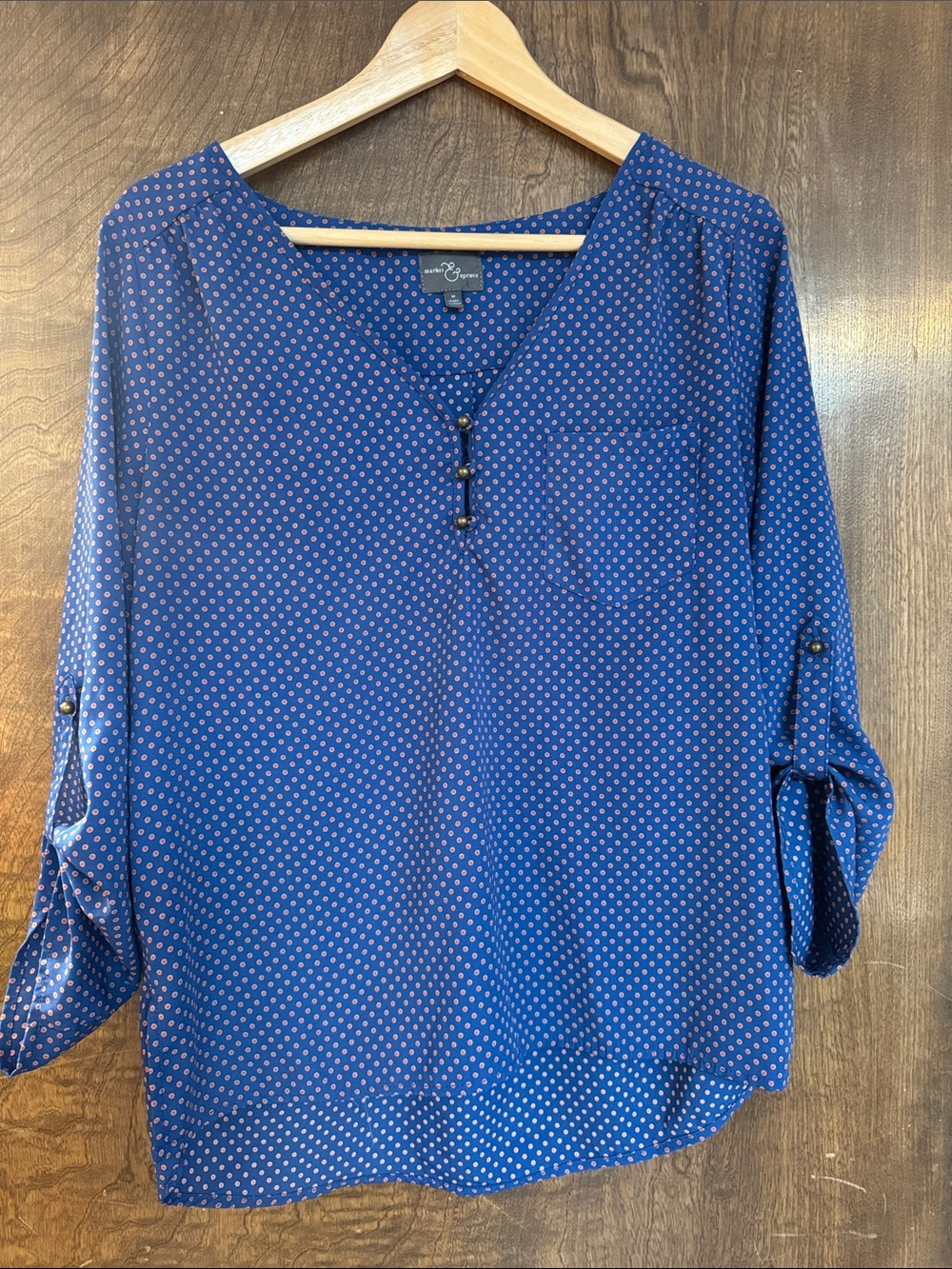 Market & Spruce Navy Blue Polka Dot Henley Blouse